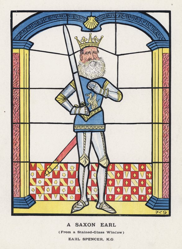 En saksisk jarl, fra et farvet glasvindue, Earl Spencer (farve litho) af Francis Carruthers Gould