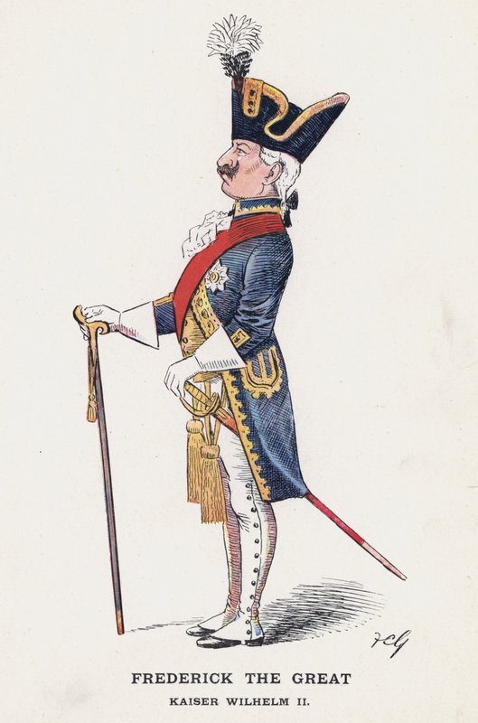 Frederik den Store, kejser Wilhelm II (farve litho) af Francis Carruthers Gould
