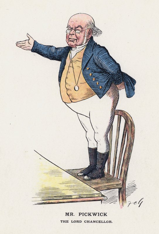 Mr. Pickwick, Lord Chancellor (farve litho) af Francis Carruthers Gould