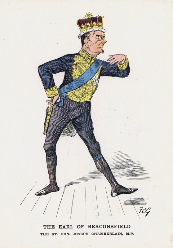 The Earl of Beaconsfield, The Rt Hon Joseph Chamberlain (farve litho) af Francis Carruthers Gould