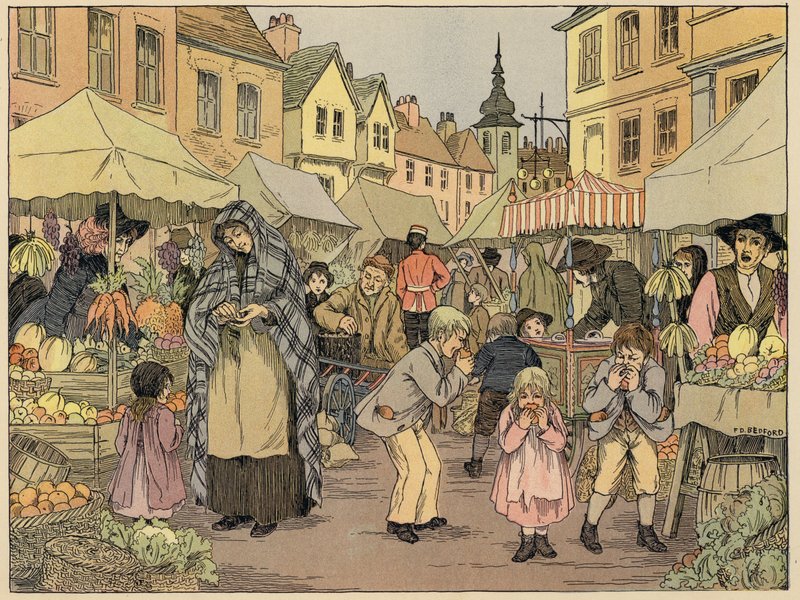 Bedfords bog om butikker: Frugtboder (farvelitografi) af Francis Donkin Bedford