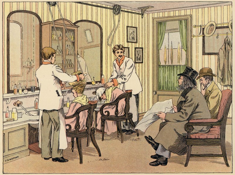 Bedfords bog om butikker: Hair-cutter (farvelitografi) af Francis Donkin Bedford