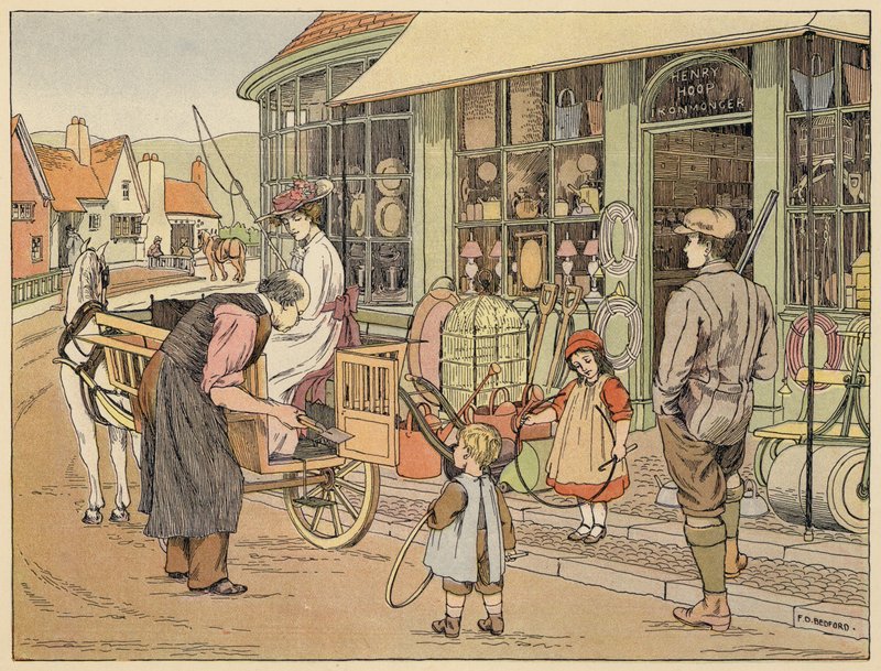 Bedfords bog om butikker: Ironmonger (farvelitografi) af Francis Donkin Bedford