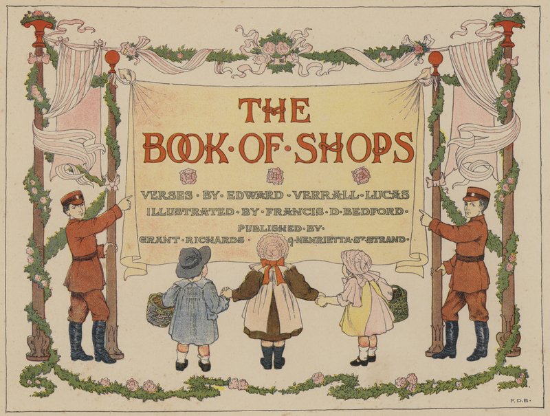 Bedfords bog om butikker: Titelblad (farvelitografi) af Francis Donkin Bedford