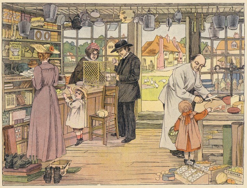Bedfords bog om butikker: Landsbybutik (farvelitografi) af Francis Donkin Bedford