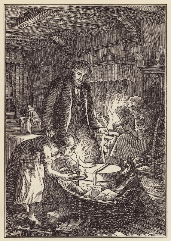 Illustration til The Cricket on the Hearth af Charles Dickens (farvelitografi) af Francis Donkin Bedford