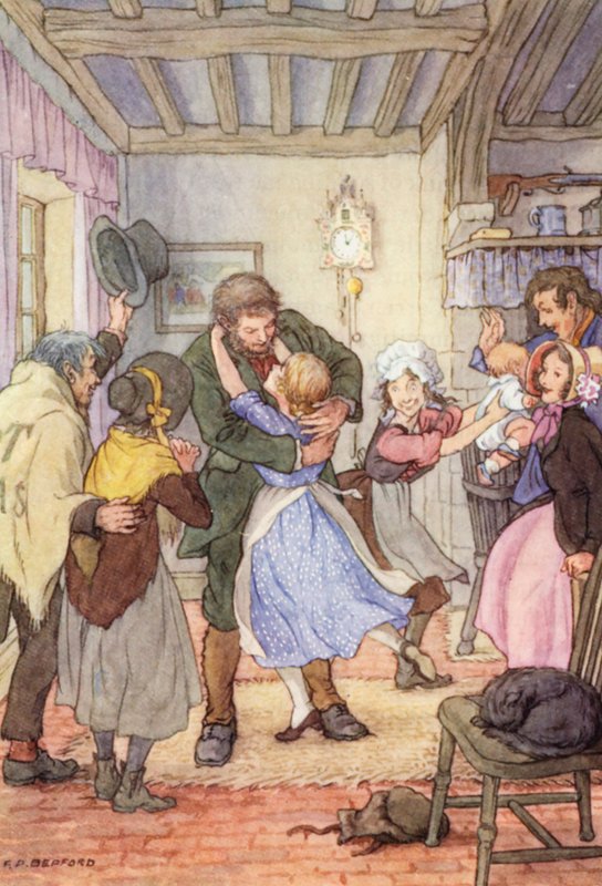 Illustration til The Cricket on the Hearth af Charles Dickens (farvelitografi) af Francis Donkin Bedford