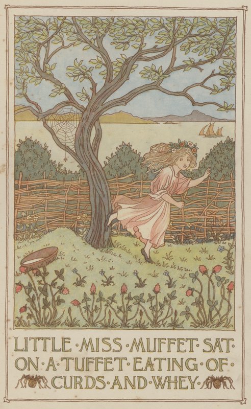 Lille Miss Muffet sidder på en tuf og spiser ostemasse og valle (farvelitografi) af Francis Donkin Bedford