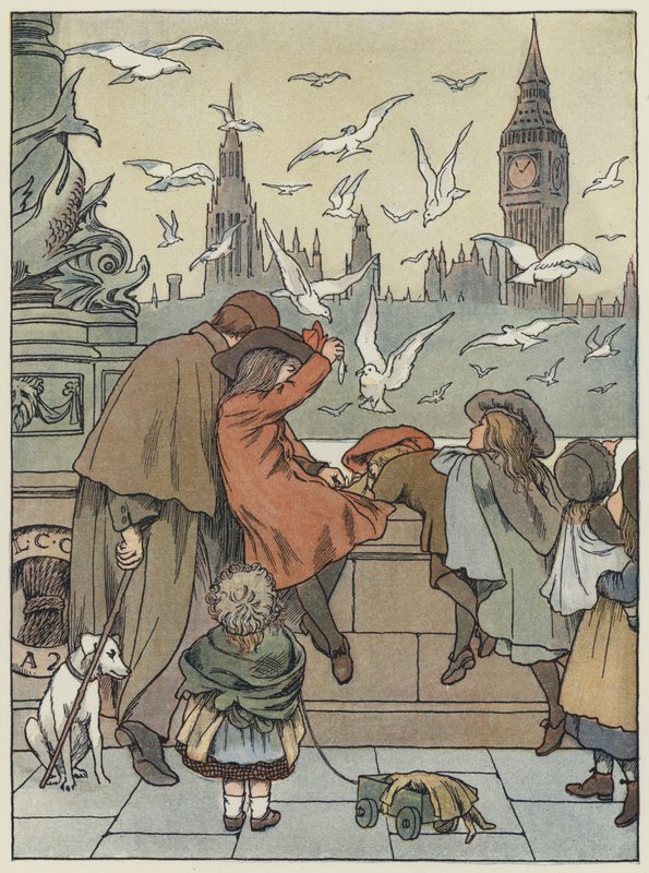 London: Feeding the Gulls (farvelitografi) af Francis Donkin Bedford
