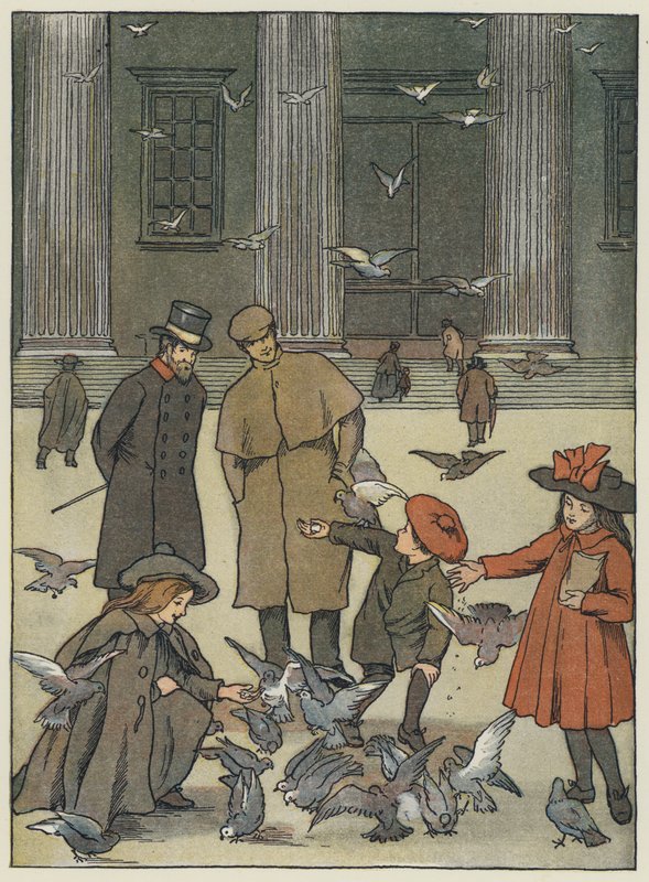 London: The Museum Pigeons (farvelitografi) af Francis Donkin Bedford