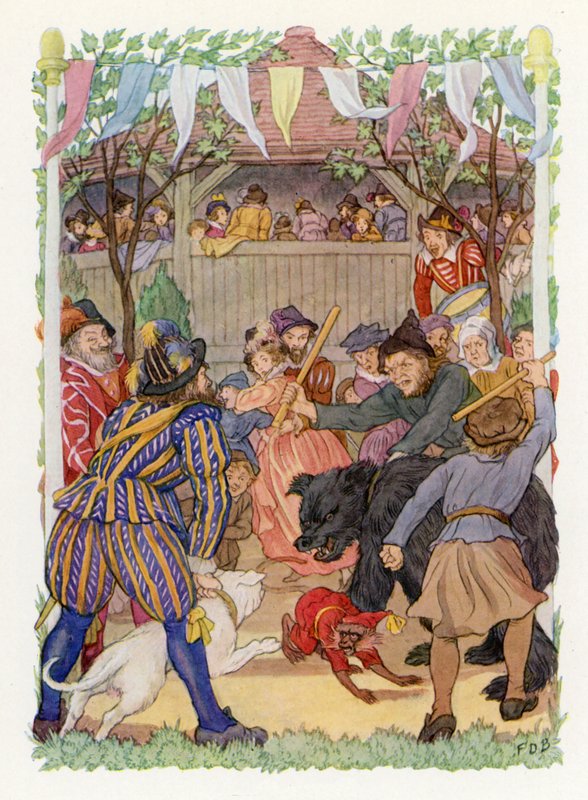 Det glade England: Baiting the Bear (farvelitografi) af Francis Donkin Bedford