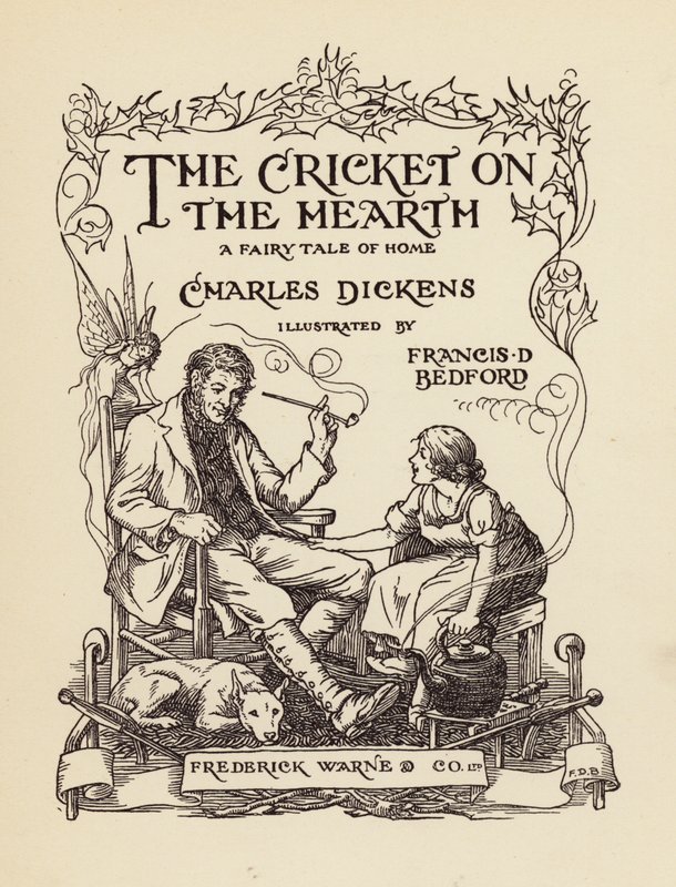 Titelsideillustration til The Cricket on the Hearth af Charles Dickens (farvelitografi) af Francis Donkin Bedford