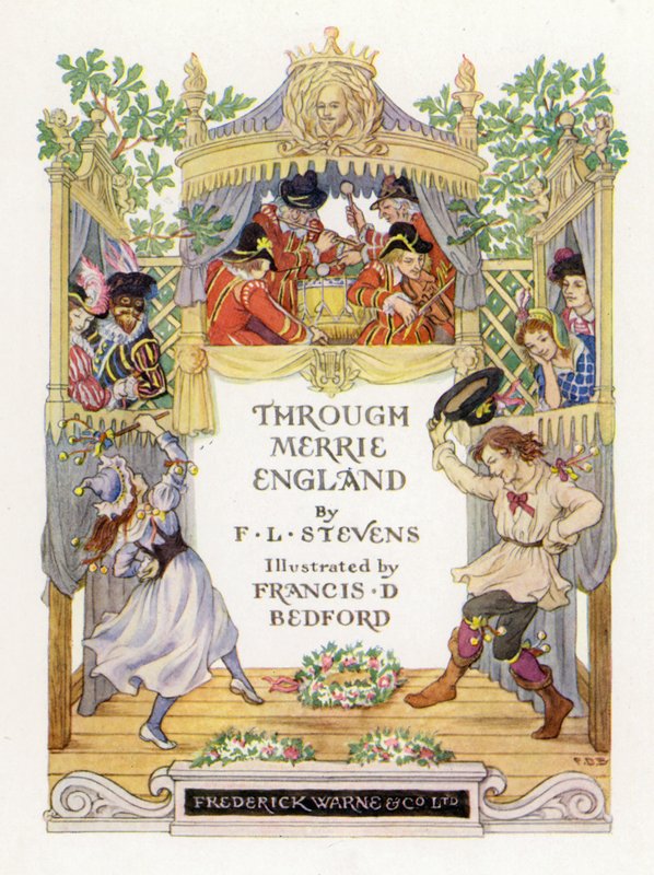 Titelside-illustration til Through Merrie England (farvelitografi) af Francis Donkin Bedford