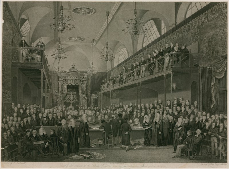 Udsigt over det indre af House of Lords under den vigtige undersøgelse i 1820 (gravering) af Francis Phillip (after) Stephanoff