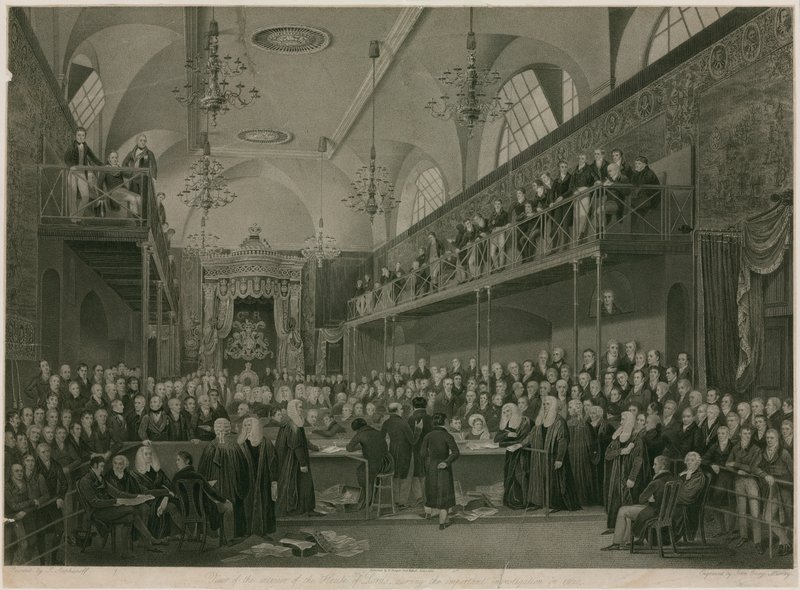 Interiør af House of Lords, Westminster, London, under den vigtige undersøgelse i 1820 af Francis Phillip Stephanoff