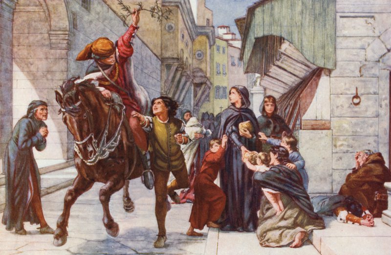 Bringing News of Relief to Florence (farvelitografi) af Francis William (after) Topham