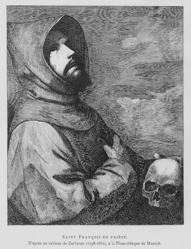 Frans af Assisi i bøn (litho) af Francisco de (after) Zurbaran