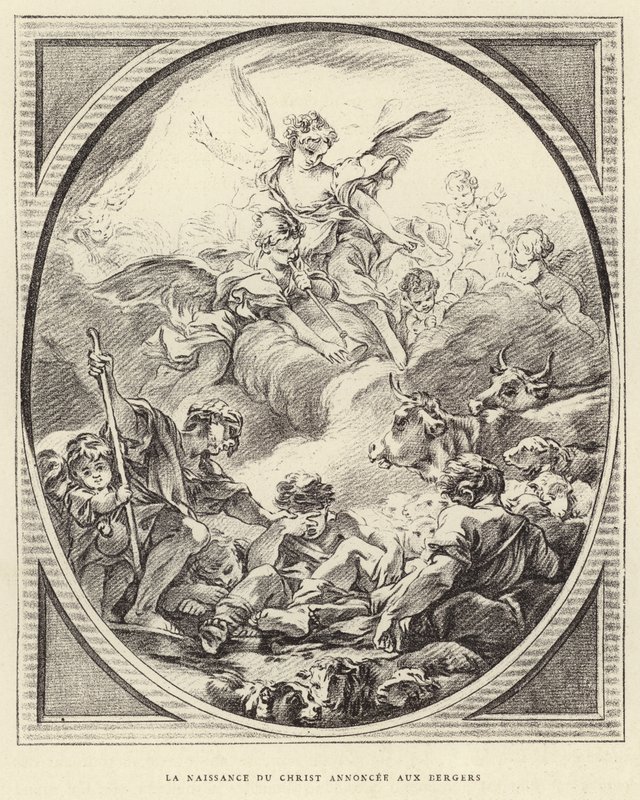 Kristi fødsel annonceret til hyrderne (gravering) af Francois (after) Boucher