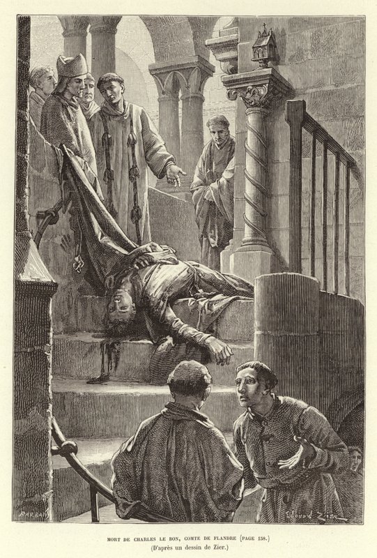 Karl den Gode, greve af Flandern, død. Mord på Karl den Gode, greve af Flandern, Brügge af Francois Edouard (after) Zier