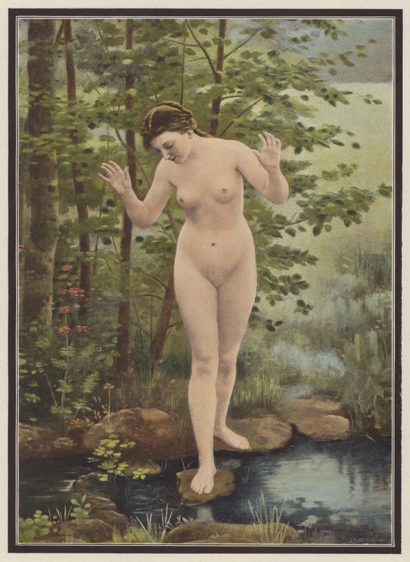Åbenbaring, en kvinde og hendes refleksion i vand (farve litho) af Francois Eugene Brillaud