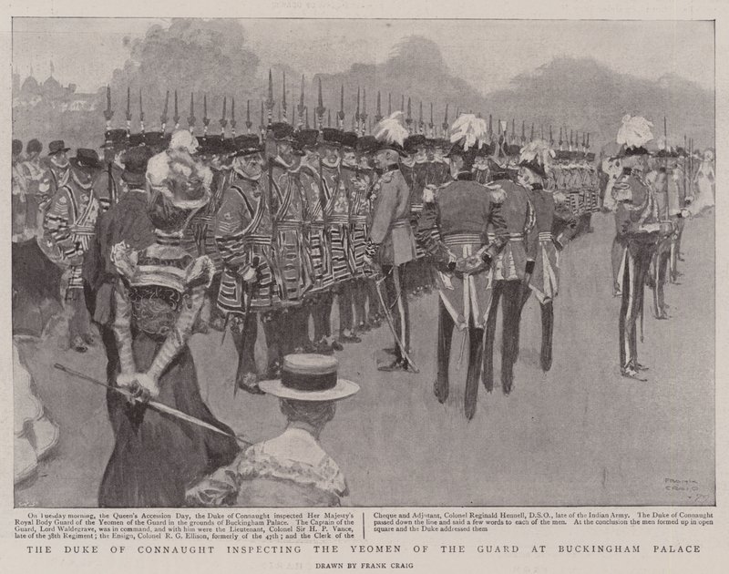 Hertugen af Connaught inspicerer vagtens Yeomen i Buckingham Palace af Frank Craig