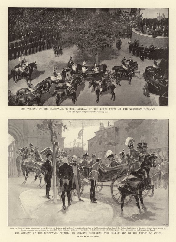 Åbningen af Blackwall-tunnelen, ankomsten af det kongelige parti ved den nordlige indgang, åbningen af Blackwall-tunnelen, dr. Collins præsenterer den gyldne nøgle til prinsen af Wales af Frank Craig