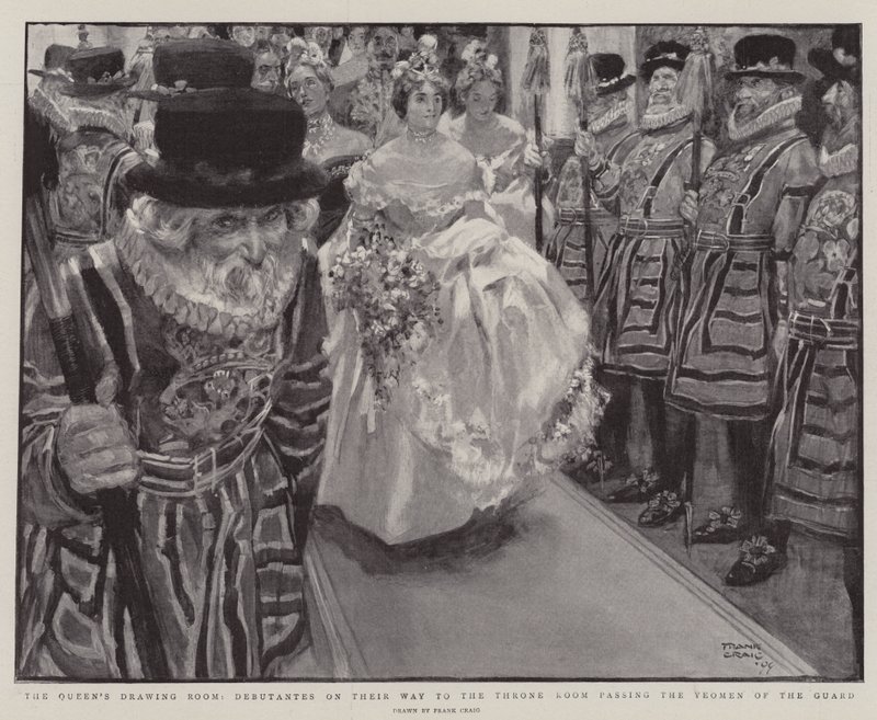 Dronningens tegnestue, debutanter på vej til tronsalen passerer Yeomen of the Guard af Frank Craig