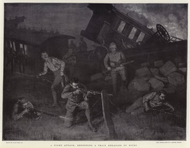 Et natangreb, der forsvarer et tog afsporet af boerne af Frank Dadd