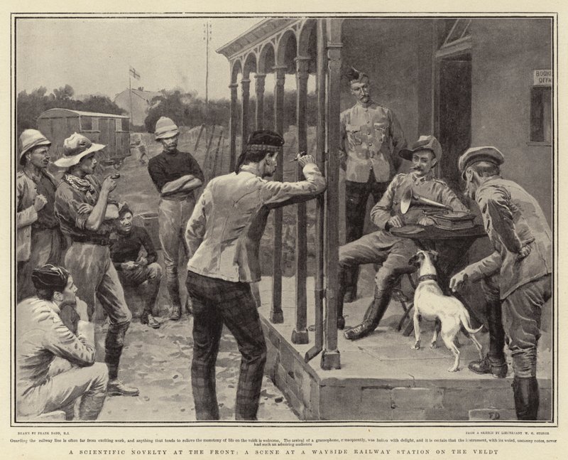 En videnskabelig nyhed ved fronten, en scene på en Wayside-banegård på Veldt af Frank Dadd