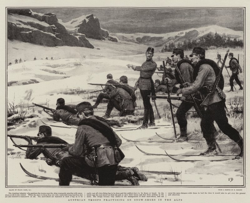 Østrigske tropper øver på snesko i Alperne af Frank Dadd