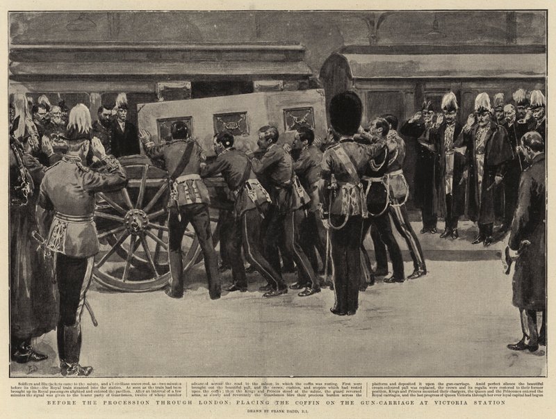 Før processen gennem London, hvor kisten blev sat på kanonvognen på Victoria Station af Frank Dadd
