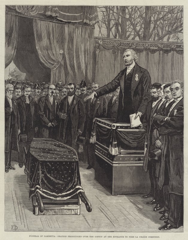Gambettas begravelse, tale over kisten ved indgangen til Pere La Chaise-kirkegården af Frank Dadd
