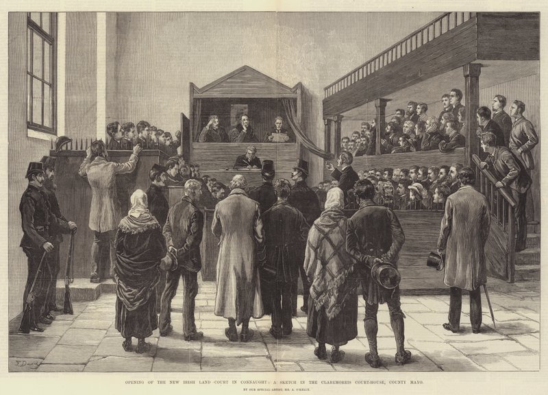 Åbning af New Irish Land Court i Connaught, en skitse i Claremorris Court-House, County Mayo af Frank Dadd