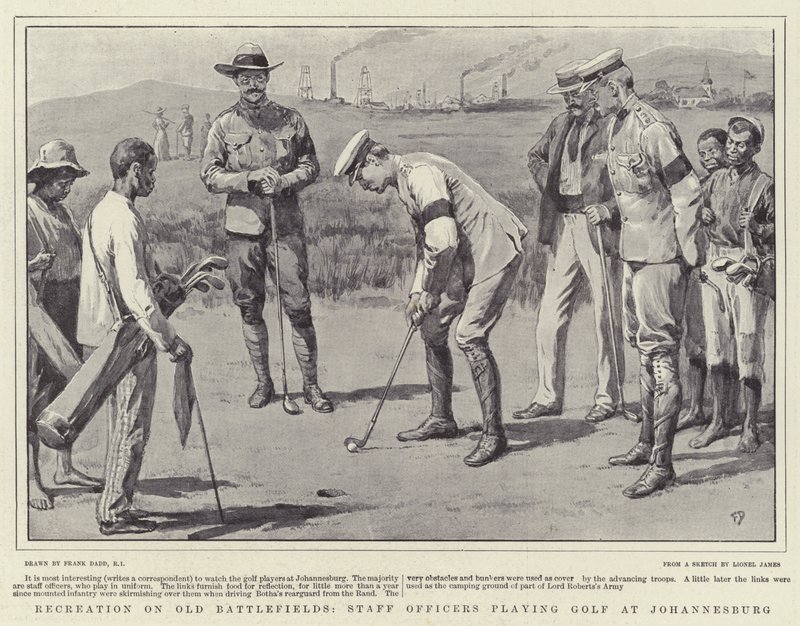 Rekreation på gamle slagmarker, stabsofficerer, der spiller golf i Johannesburg af Frank Dadd