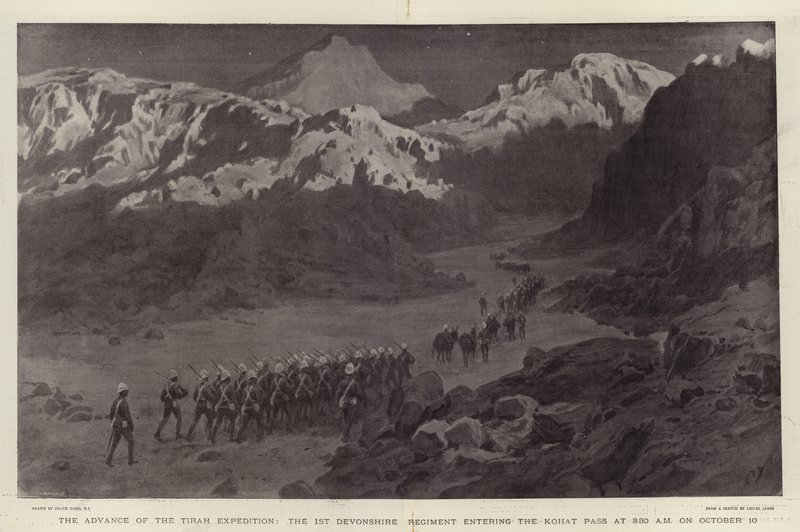 Fremrykningen af Tirah-ekspeditionen, det 1. Devonshire-regiment, der går ind i Kohat-passet kl. 03.30 den 10. oktober af Frank Dadd