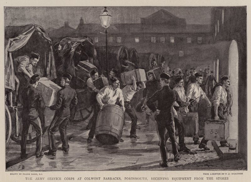 Army Service Corps på Colwort Barracks, Portsmouth, modtager udstyr fra butikkerne af Frank Dadd