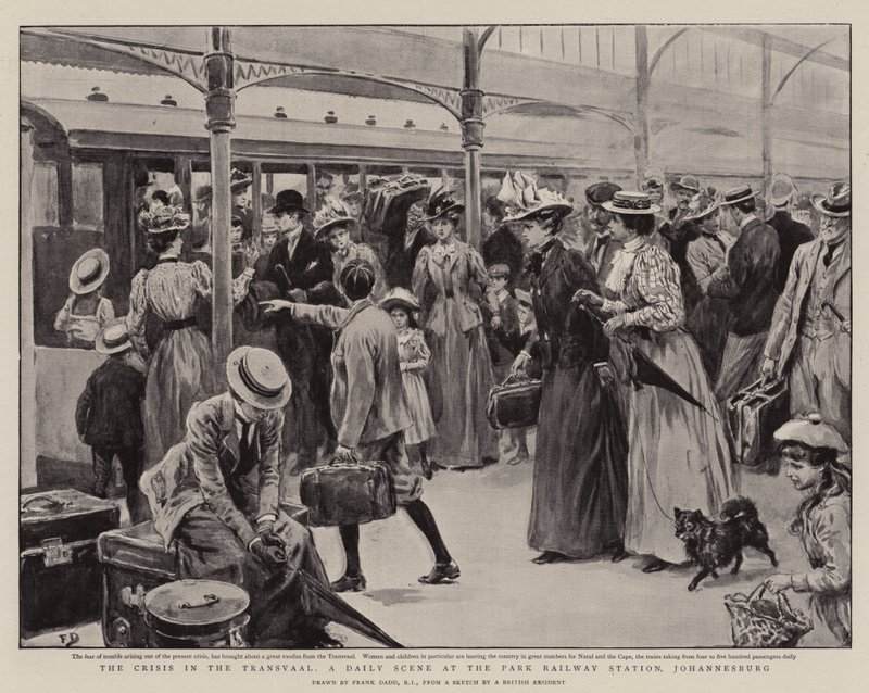 The Crisis in the Transvaal, en daglig scene på Park Railway Station, Johannesburg af Frank Dadd
