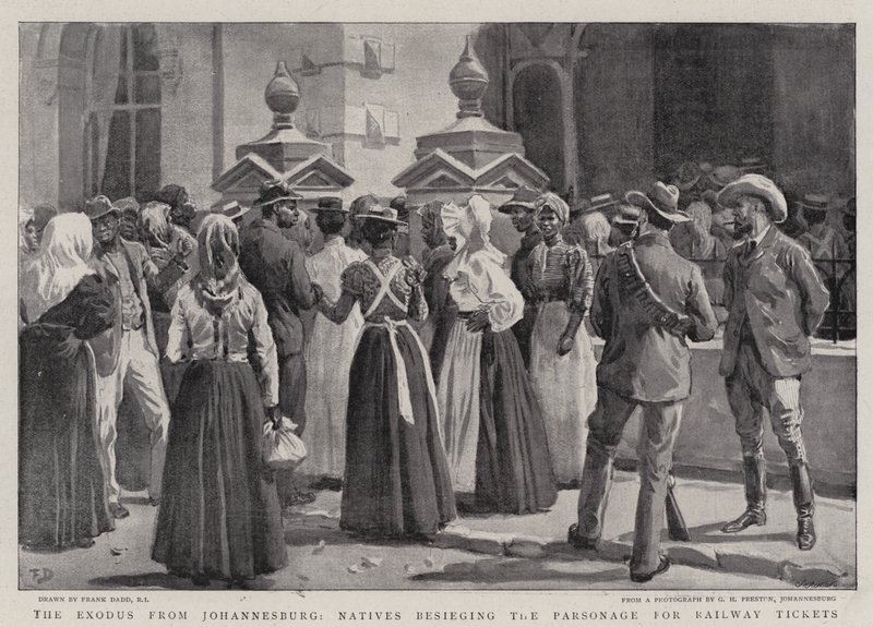 Udvandringen fra Johannesburg, indfødte, der belejrer præstegården efter jernbanebilletter af Frank Dadd