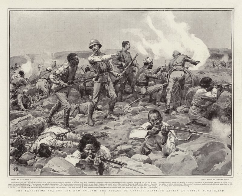 Ekspeditionen mod den gale mullah, angrebet på kaptajn McNeills Zariba ved Gebile, Somaliland af Frank Dadd
