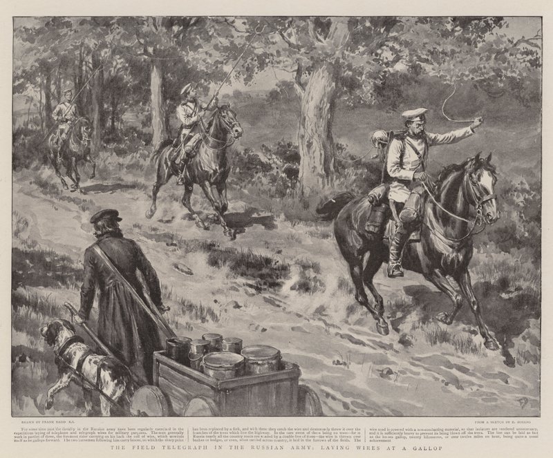 Felttelegrafen i den russiske hær, der lægger ledninger i galop af Frank Dadd