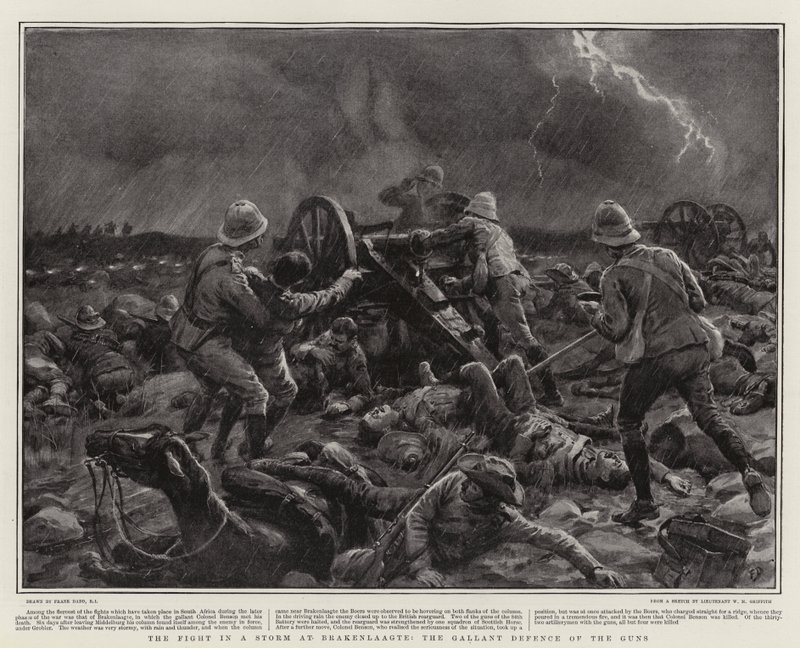 Kampen i en storm ved Brakenlaagte, kanonernes galante forsvar af Frank Dadd