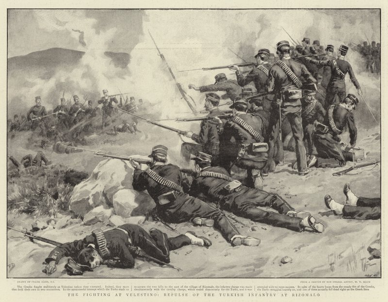 Kampene ved Velestino, det tyrkiske infanteris tilbagevisning ved Rizomalo af Frank Dadd