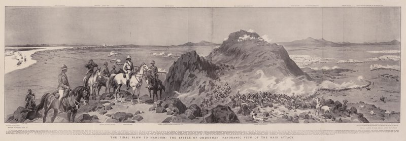 Mahdismens sidste slag, slaget ved Omdurman, panoramaudsigt over hovedangrebet af Frank Dadd