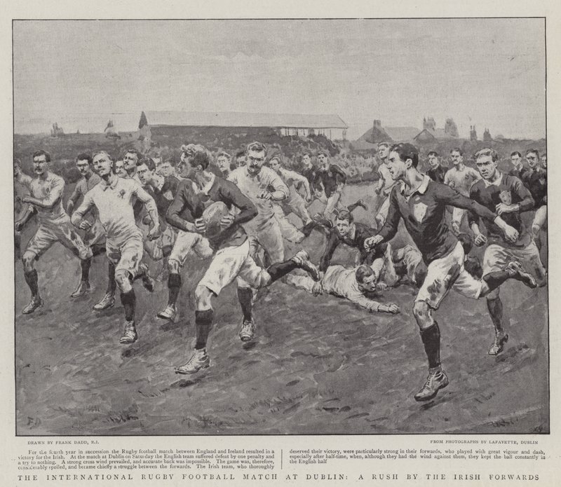 Den internationale rugby-fodboldkamp i Dublin, et rush af de irske angribere af Frank Dadd