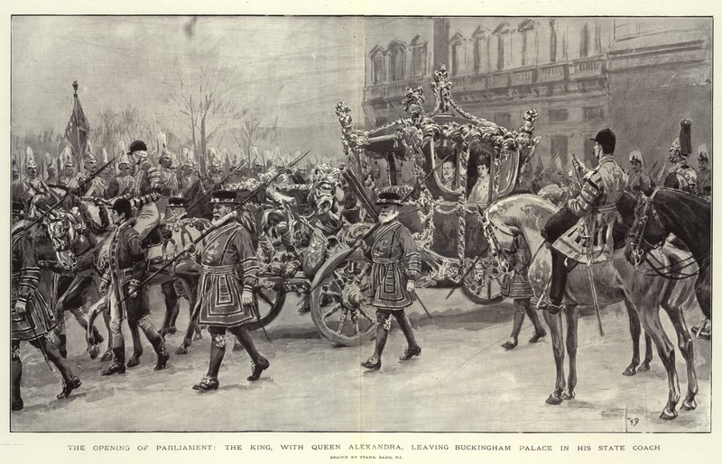 Åbningen af parlamentet, kongen med dronning Alexandra forlader Buckingham Palace i sin statsvogn af Frank Dadd