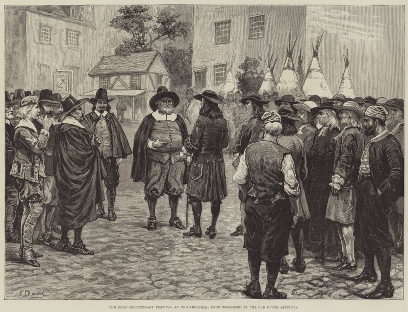 Penn Bicentenary Festival i Philadelphia, Penn blev budt velkommen af de gamle hollandske bosættere af Frank Dadd