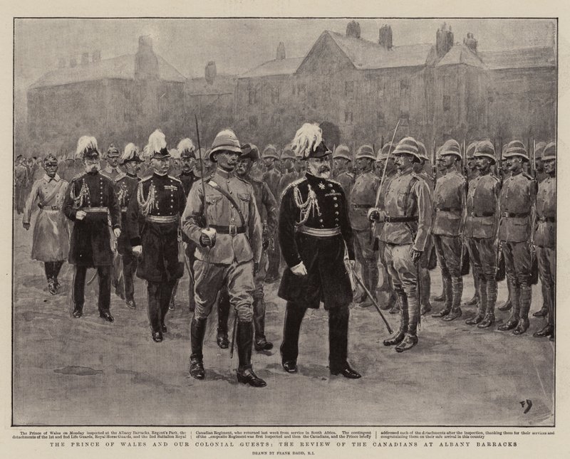 Prinsen af Wales og vores koloniale gæster, canadiernes gennemgang af Albany Barracks af Frank Dadd