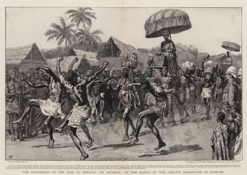 Processionen af kongen af Bekwai, en hændelse af Ashanti-ekspeditionens march til Kumassi af Frank Dadd