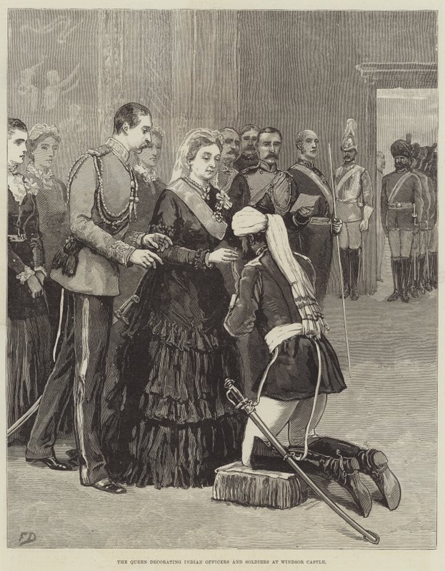 Dronningen dekorerer indiske officerer og soldater på Windsor Castle af Frank Dadd