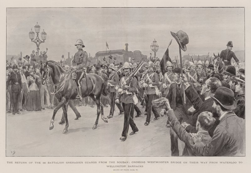 1. Bataljons Grenadier Guards tilbagevenden fra Soudan, krydser Westminster Bridge på vej fra Waterloo til Wellington Barracks af Frank Dadd